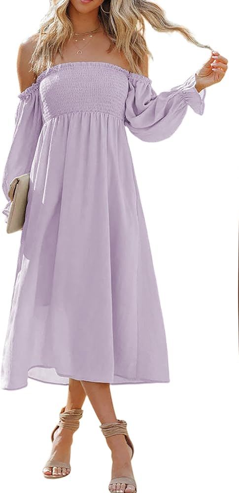 R.Vivimos Summer Dress for Women Long Sleeve Casual Plaid Print Smocked Off Shoulder A-Line Midi ... | Amazon (US)
