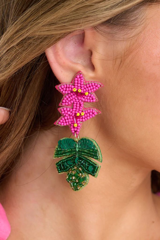 Time For Tropics Fuchsia Green Beaded Earrings | Red Dress 