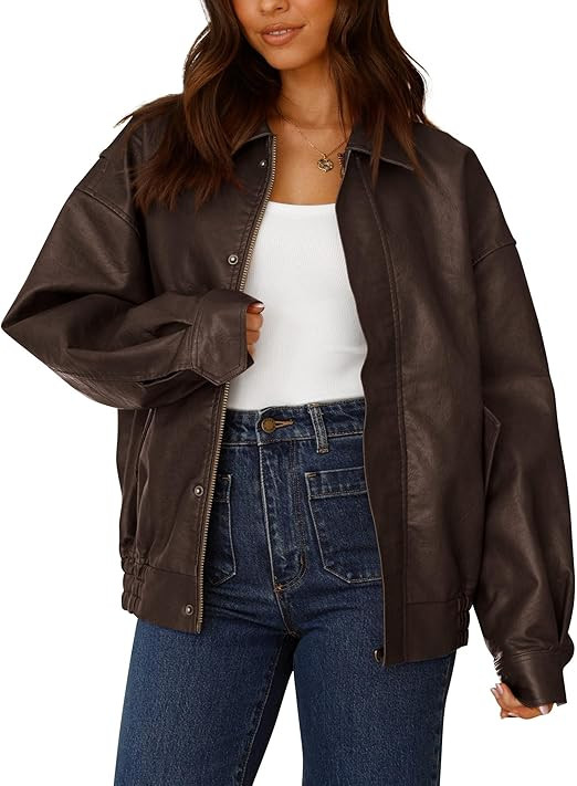 PRETTYGARDEN Women's Faux Leather Motorcycle Jacket Trendy Fall Spring Clothes Oversized Zip Up W... | Amazon (US)
