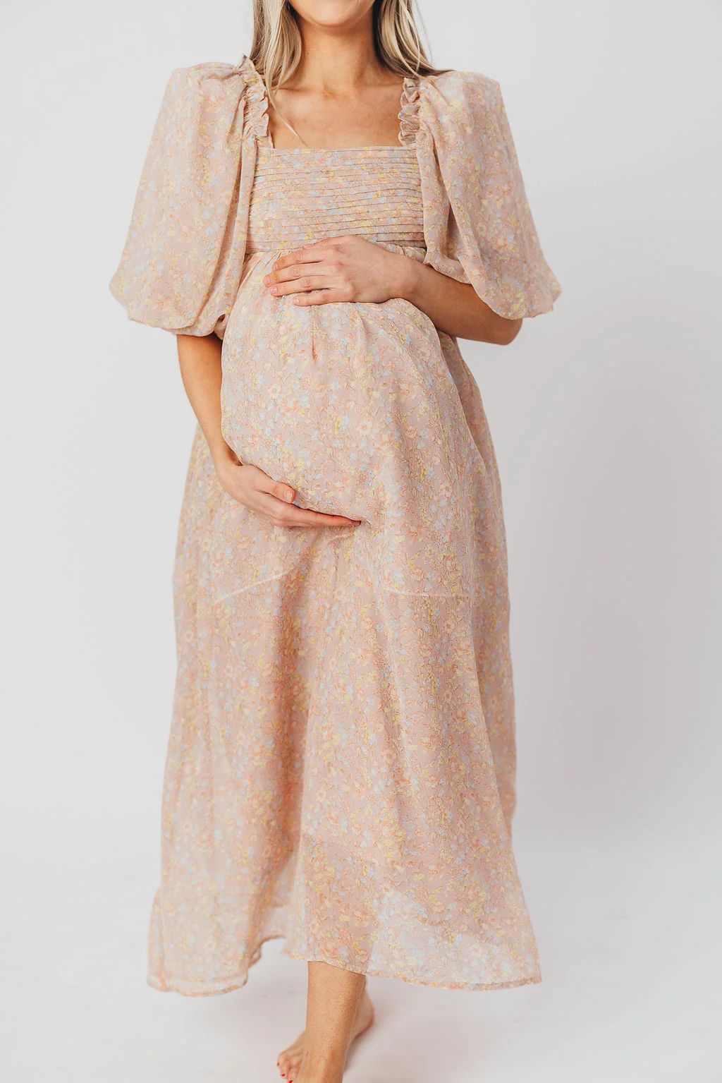 Melody Maxi Dress with Pleats and Bow Detail in Mauve Floral - Bump Fr | Worth Collective