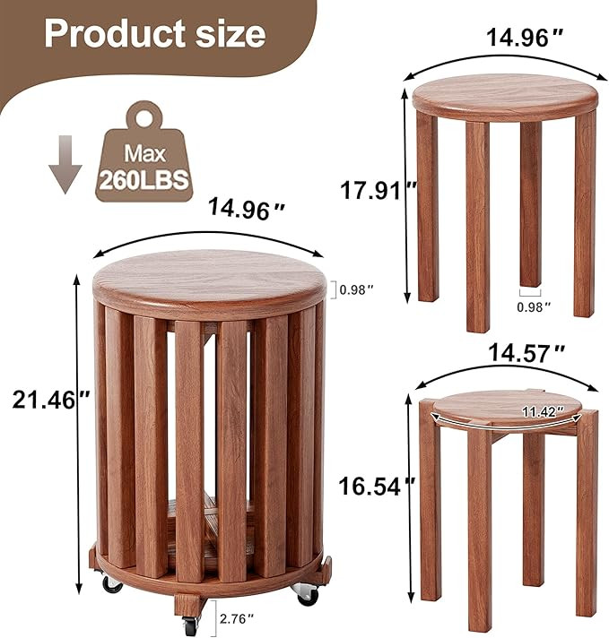 Wooden Stackable Stools Set of 4, 18 Inch Round Stacking Stools with 360° Wheels & Locking Brake... | Amazon (US)