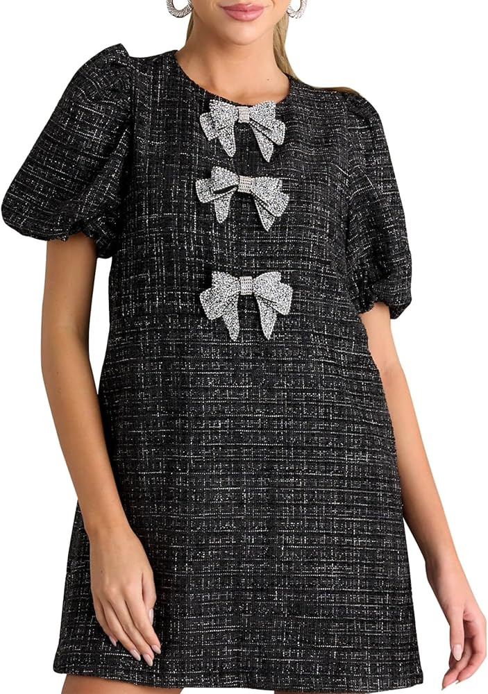 Tweed Dress Woman with Bows Plaid Puff Short Sleeve Black Jackie O Dresses Casual Sparkly Mini Sk... | Amazon (US)