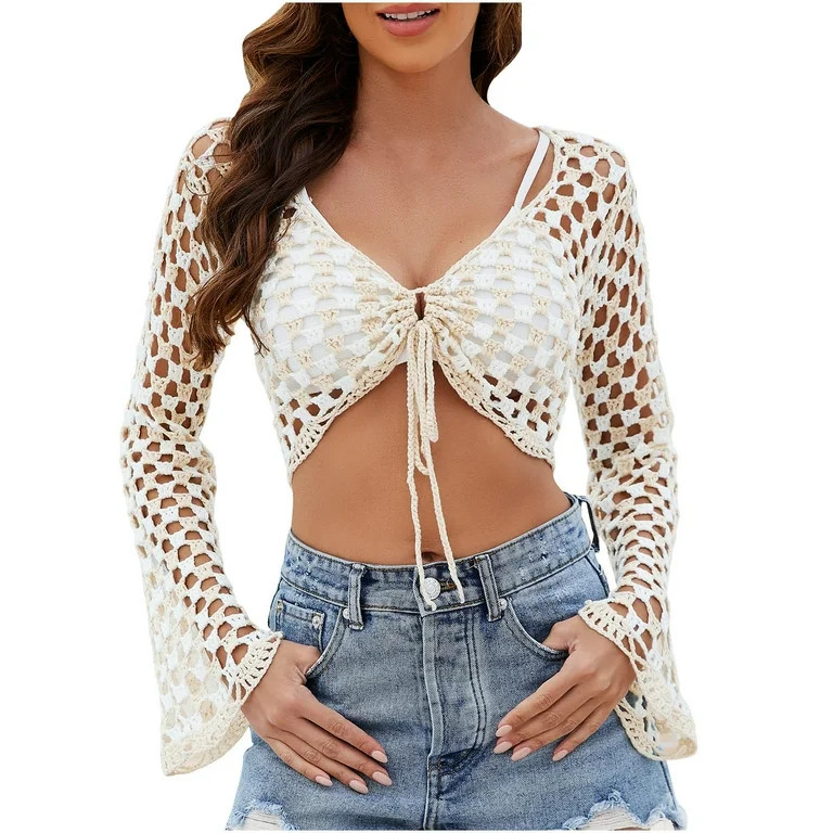 ameIAEA Women's Hollow Out Long Sleeve Top V Neck Drawstring Front Knit Crop Tops Summer Beach To... | Walmart (US)