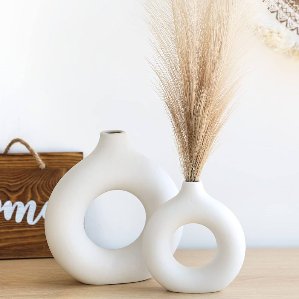 CUCUMI Ceramic Vases Set of 2, White Vases for Decor, Round Hollow Pampas Grass Vase, Boho Decora... | Amazon (US)
