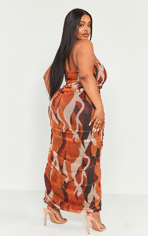 Plus Orange Abstract Print Mesh Bandeau Ruched Maxi Dress | PrettyLittleThing UK