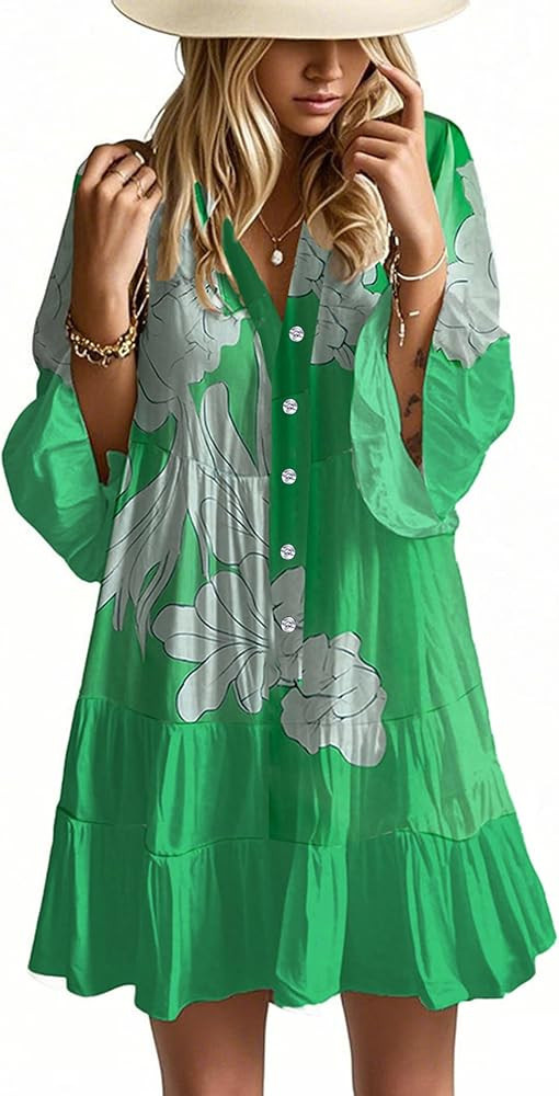 Opemiby Summer Dresses for Women 2026 Flowy Ruffle 3/4 Sleeve V Neck Tiered Casual Babydoll Boho ... | Amazon (US)