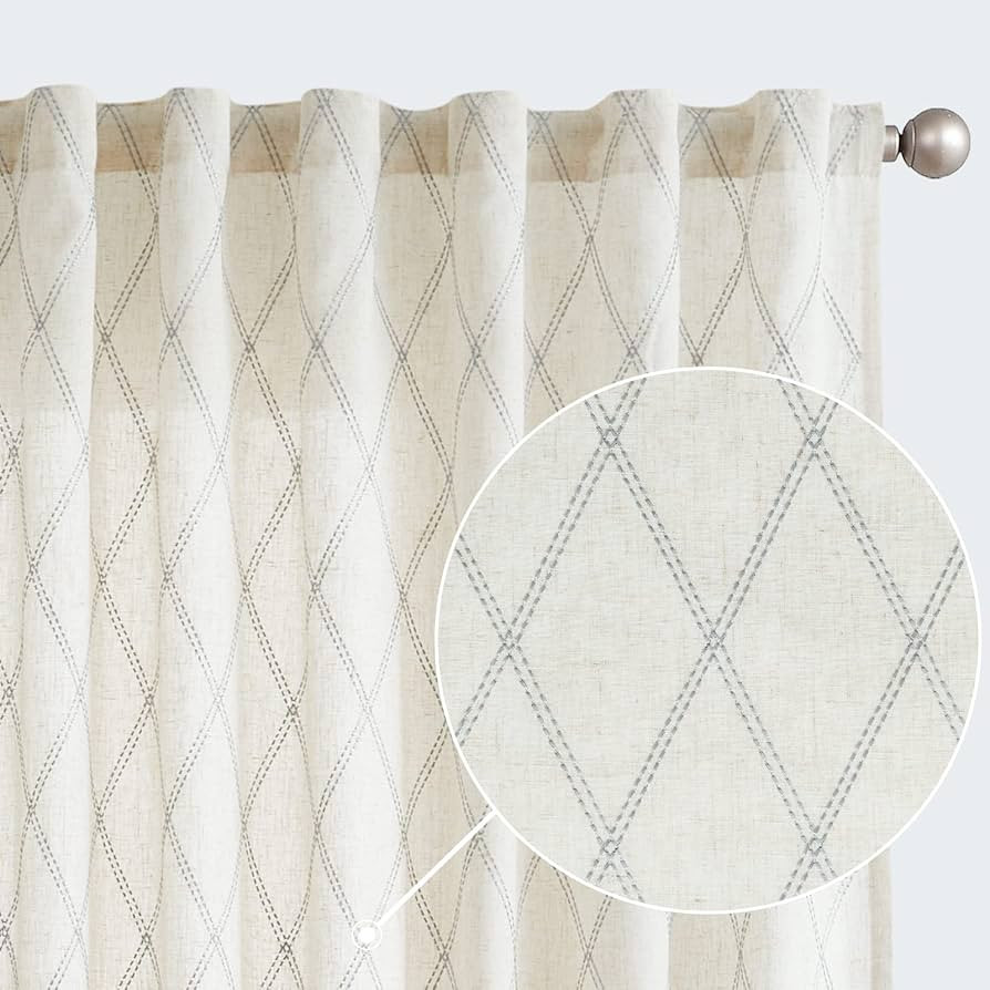 jinchan Linen Curtains for Living Room Diamond Embroidered Back Tab Drapes Geometric Patterned Li... | Amazon (US)