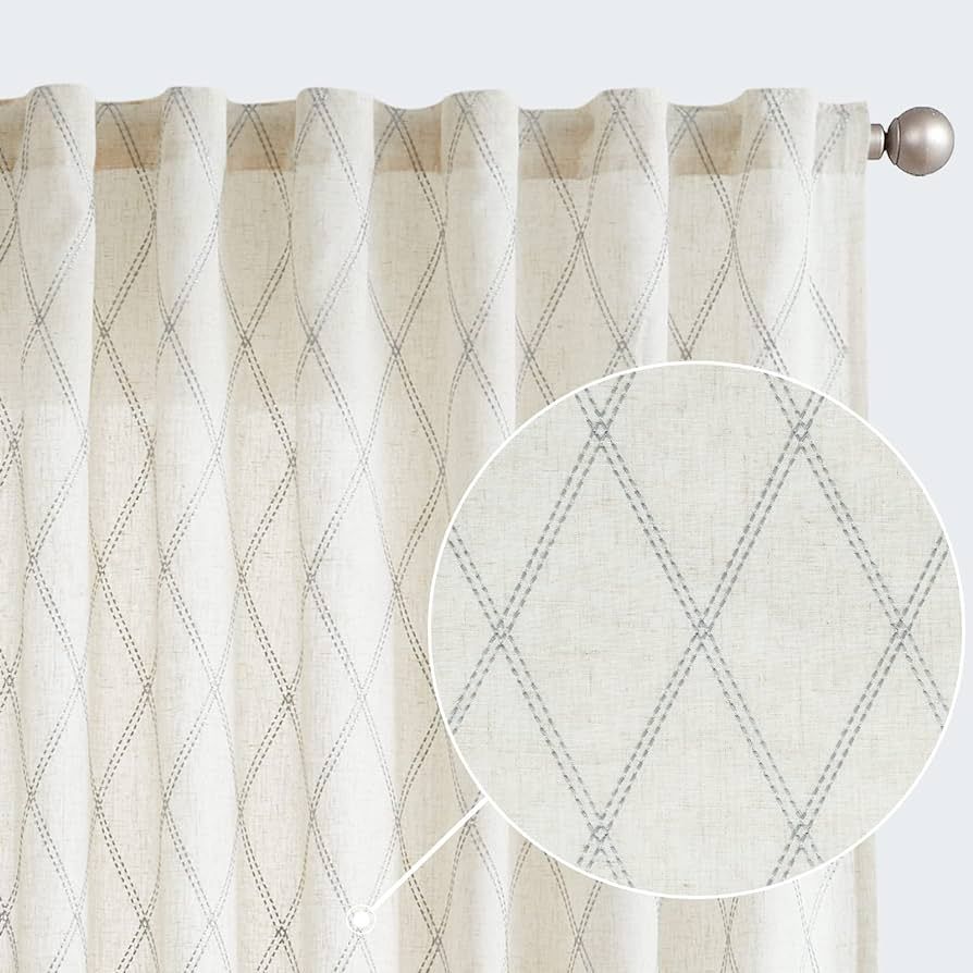 jinchan Linen Curtains for Living Room Diamond Embroidered Back Tab Drapes Geometric Patterned Li... | Amazon (US)
