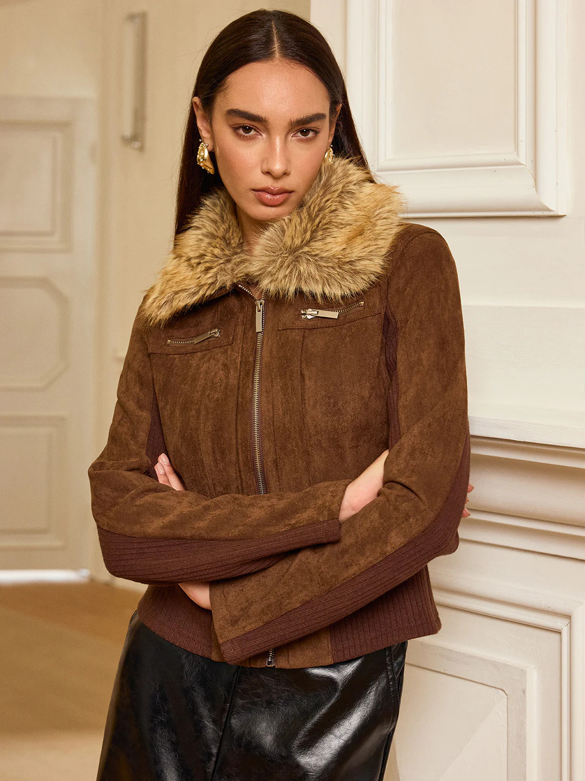 Faux Fur Collar Knit Panel Suede Jacket | Commense
