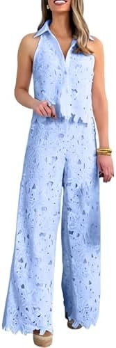 Lace Two Piece Outfits for Women Pants Set Floral Lace Lapel Vest Top Tank Crop Top with Wide Leg... | Amazon (US)