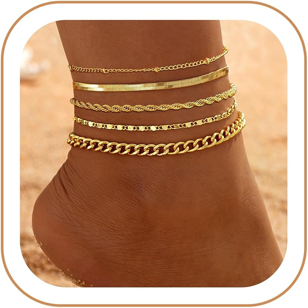 iF YOU Gold Ankle Bracelets for Women, 14k Gold Plated Waterproof Cuban Link Chain Anklets Set, L... | Amazon (US)