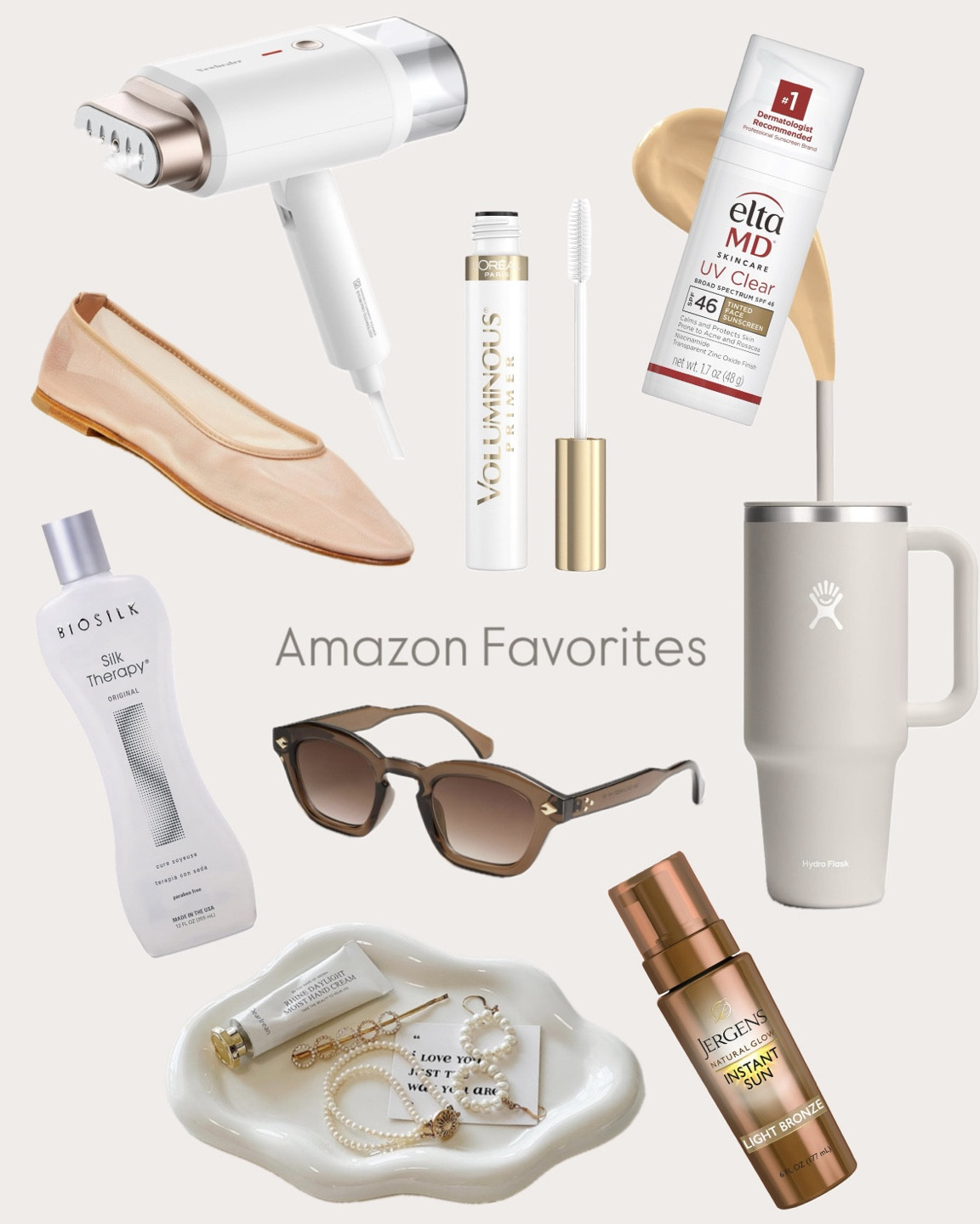Amazon favorites 

Steamer
Tinted moisturizer 
Nude mesh ballet flats
Hydroflask Tumbler 
Sunglasses 
Self tanner 
Jewelry tray dish
Hair serum
Mascara lash primer

#LTKBeauty #LTKSaleAlert #LTKFindsUnder50