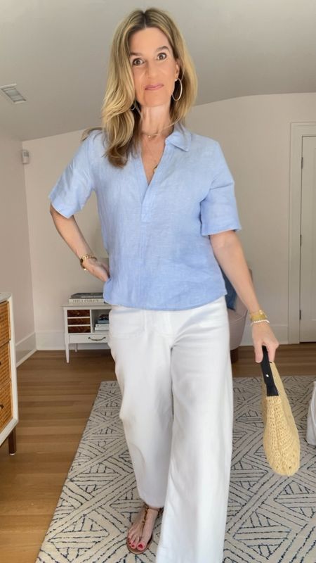 Summer essentials that are so elegant and easy to wear. Blue linen top, white jeans, and natural straw bag make this look lovely. If you plan to buy, please shop my links. My account needs your support! Thank you so much!!

#LTKVideo #LTKFindsUnder100 #LTKSaleAlert