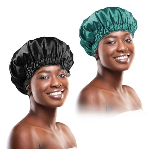 my novel things Hair Bonnet for Sleeping 2PCS for Women Satin Small Sleep Caps Curly Natural Hair Double Layer Hair Bonnet with Elastic Band Black and Green | Amazon (US)