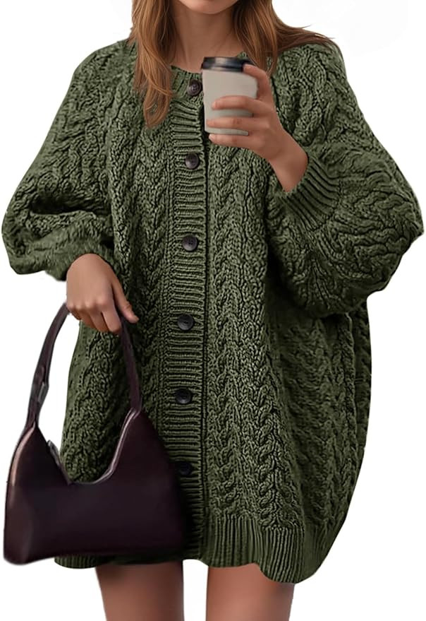 Saodimallsu Womens Cable Knit Cardigans Oversized Chunky Button Down Long Lantern Sleeve Crew Nec... | Amazon (US)