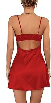 Rooscier Women's Spaghetti Strap Lace Satin Slip Nightwear Sexy Party Mini Dress | Amazon (US)