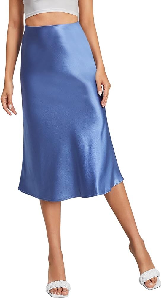 SheIn Women's Party Sexy Satin Split Side Basic Zipper Mid Waist Midi Skirt | Amazon (US)