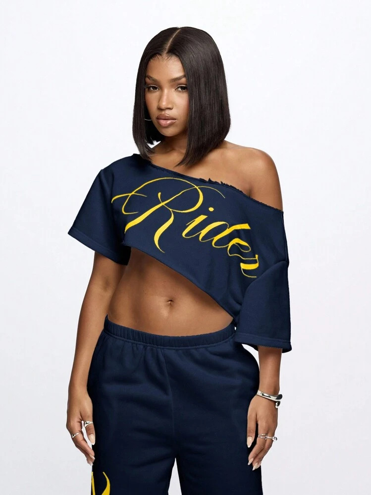 SUMWON WOMEN Off Shoulder Distressed Rider Angel Oversized Crop Top With Raw Edge Fall Winter Casual Festival Street Style Graphic Design T Shirt | SHEIN
