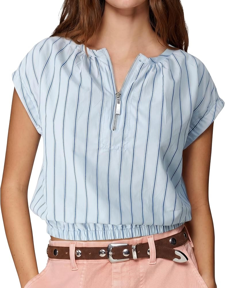 Womens Tops Cotton Zip Front Blouses V Neck Short Sleeve Shirts Summer Casual Work Lines Spring T... | Amazon (US)