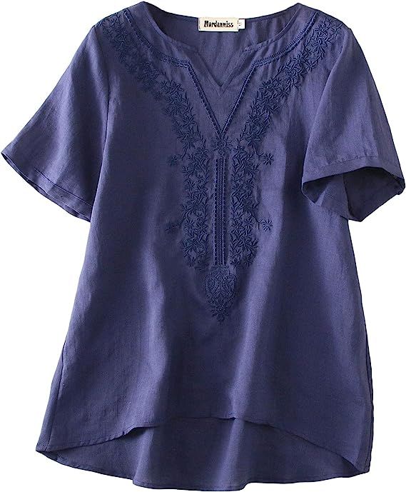 Mordenmiss Women's Embroidered Blouse Tunic V-Neck Linen Tops Short Sleeve Hi-Low Hem Shirt | Amazon (US)
