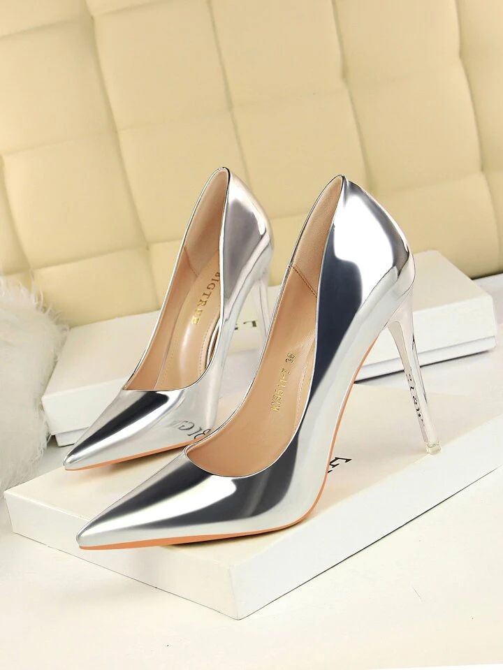 Women Metallic Point Toe Stiletto Heeled Court Pumps 7.2 Pump Patent Shoes | SHEIN