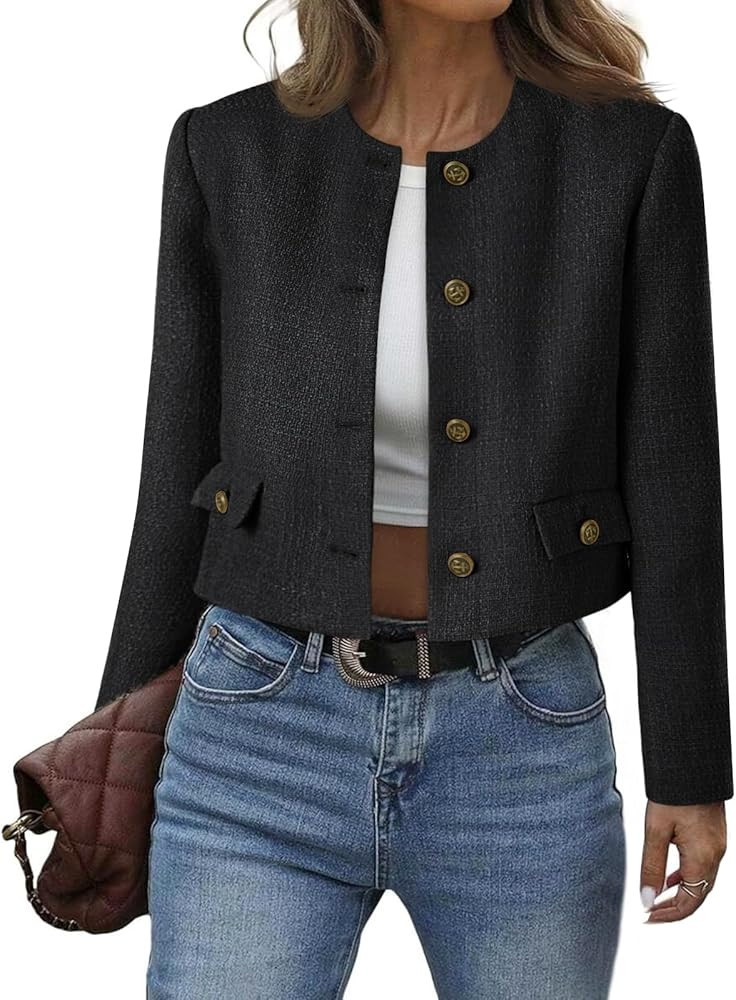 Cicy Bell Womens Cropped Tweed Blazer Collarless Button Down Bomber Jacket Business Casual Fall O... | Amazon (US)