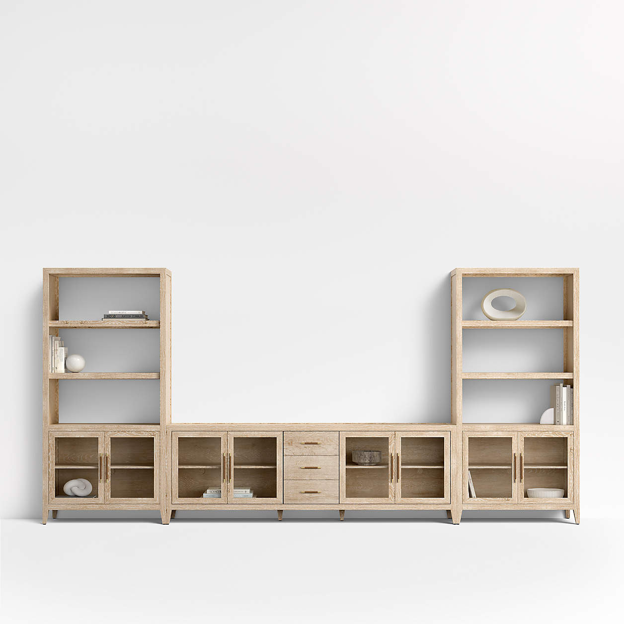 Clairemont 164" Natural Wood Storage Media Console Set + Reviews | Crate & Barrel | Crate & Barrel