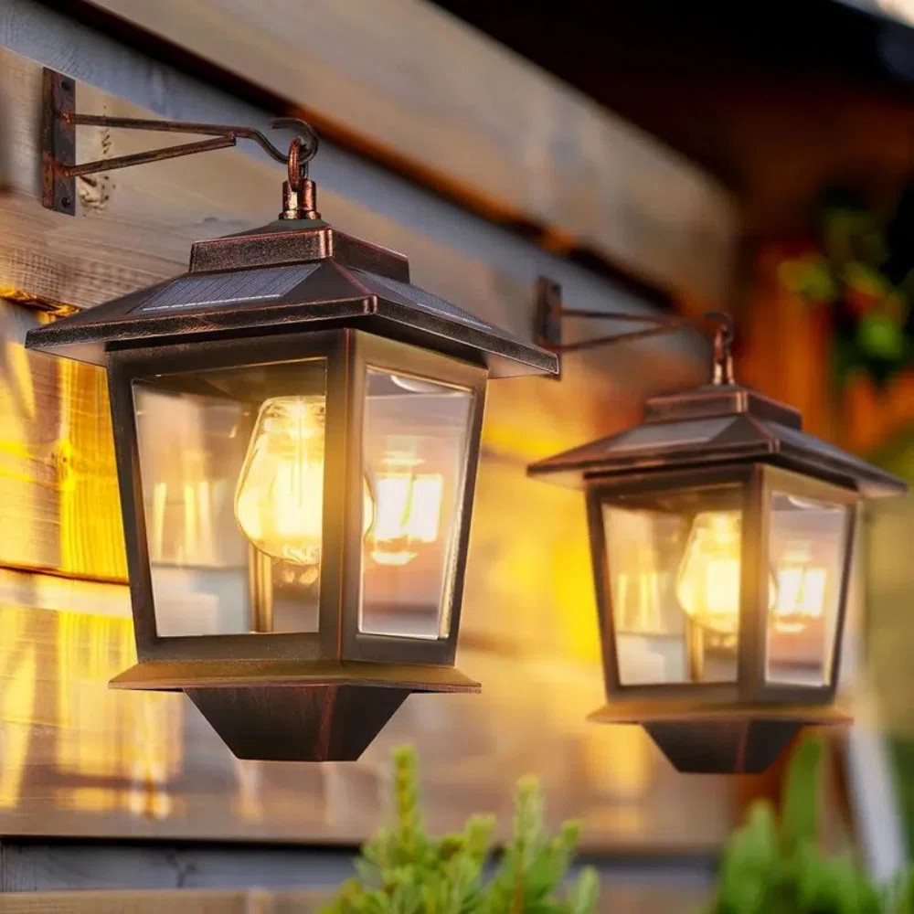 2 Pack Solar Wall Lanterns With Replaceable Bulb, Outdoor Hanging Solar Lights With 4 Solar Panel... | Wayfair North America