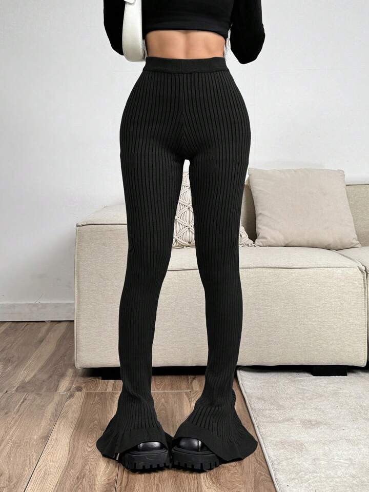 SHEIN EZwear Women's Autumn/Winter Basic Black Ribbed Knit Flare Pants For Everyday Wear | SHEIN ... | SHEIN