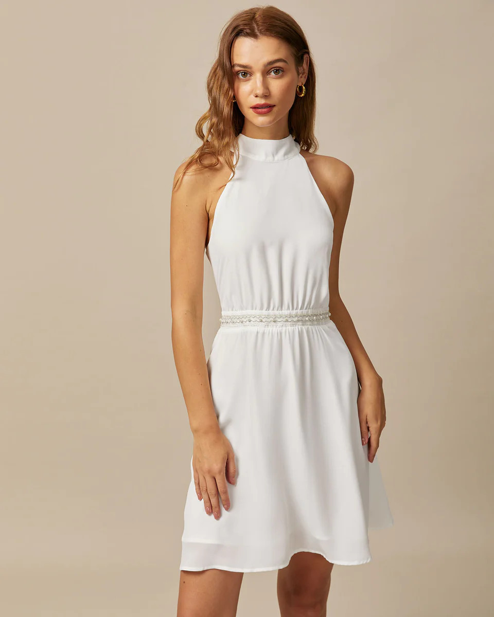 The White Mock Neck Pearls Backless Mini Dress | rihoas.com