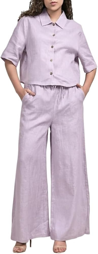 YUSHE 3 Piece Lounge Set for Women | Linen Crop Shirt with Shorts & Pants | Matching Co Ord Set |... | Amazon (US)