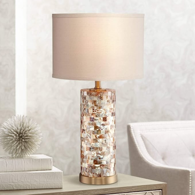 Margaret Coastal Accent Table Lamp 23" High Mother of Pearl Tile Cylinder Glass Cream Linen Fabri... | Amazon (US)