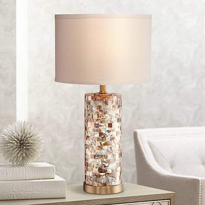 Margaret Coastal Accent Table Lamp 23" High Mother of Pearl Tile Cylinder Glass Cream Linen Fabri... | Amazon (US)