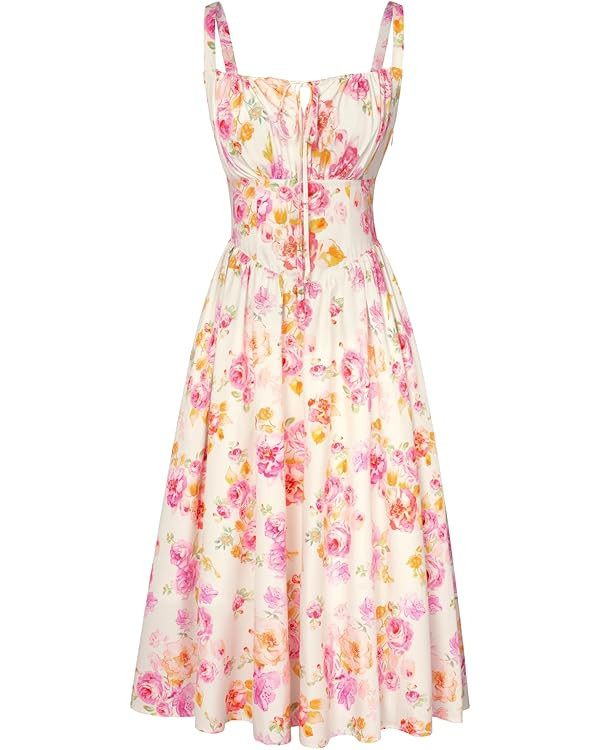 Scarlet Darkness Floral Printed Corset Dress Ruched Bust Cami Dress Flowy Sundress | Amazon (US)