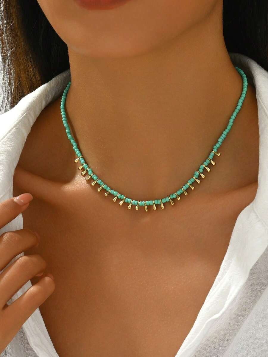 1pc Fashionable Minimalist Green Seed Bead & Golden Teardrop Beaded Necklace For Women, Suitable ... | SHEIN