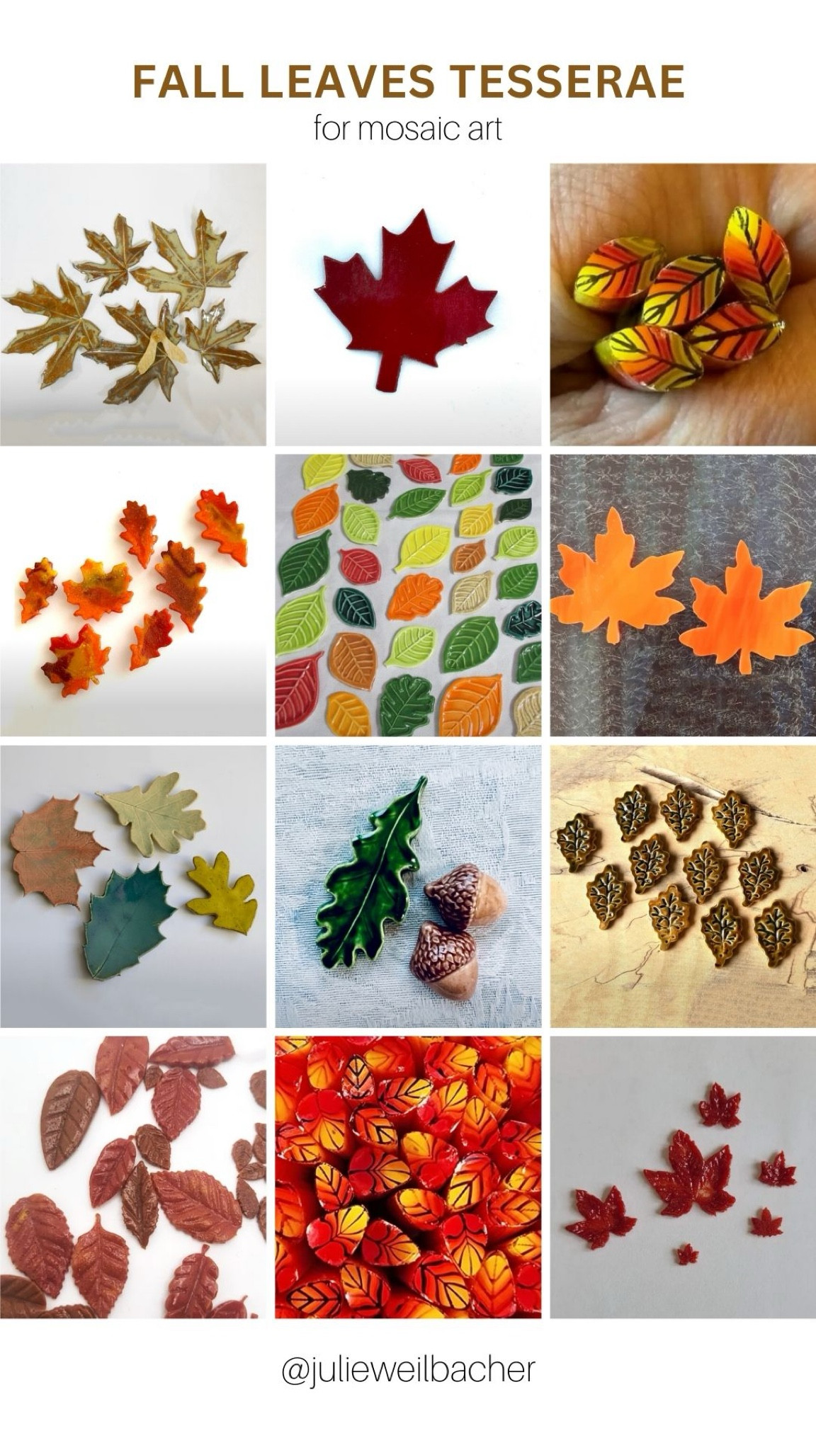 Sharing Fall leaves tesserae to use in mosaic art. 🍂 This collection includes handmade ceramics, precut stained glass shapes, glass rods, and fused glass. For mosaic tips, tutorials, inspiration, and so much more please visit my YouTube channel: YouTube.com/julieweilbacher. Follow @julieweilbacher on Instagram for all things mosaic art. fall crafts - autumn crafts - mosaics - crafts supplies - glass crafts

#LTKFindsUnder100 #LTKSeasonal #LTKHome