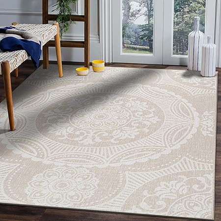 Beverly Rug Waikiki Collection Indoor/Outdoor Medallion Area Rug, 3'11" X 5'11" - Beige / White -... | Amazon (US)