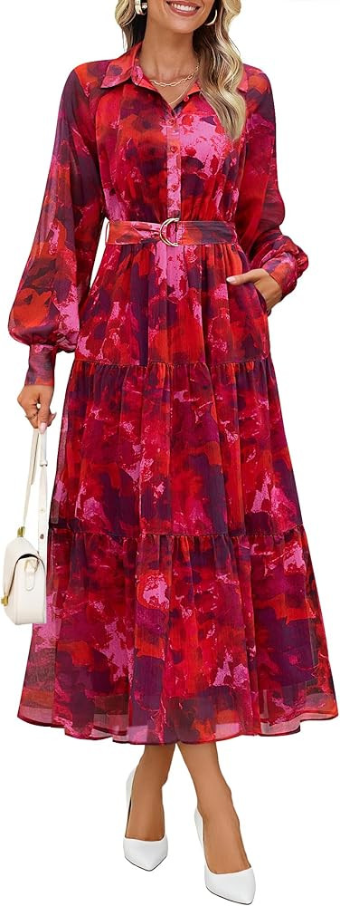 Women's Spring Floral Long Sleeve Maxi Dresses 2026 Casual Button Belted Chiffon Boho Wedding Gue... | Amazon (US)