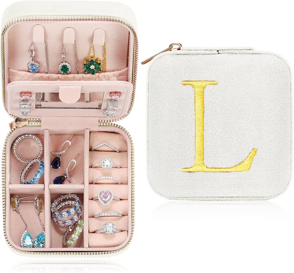 Birthday Gifts for Women - Portable Small White Initial Travel Jewelry Case Organizer Jewelry Box... | Amazon (US)