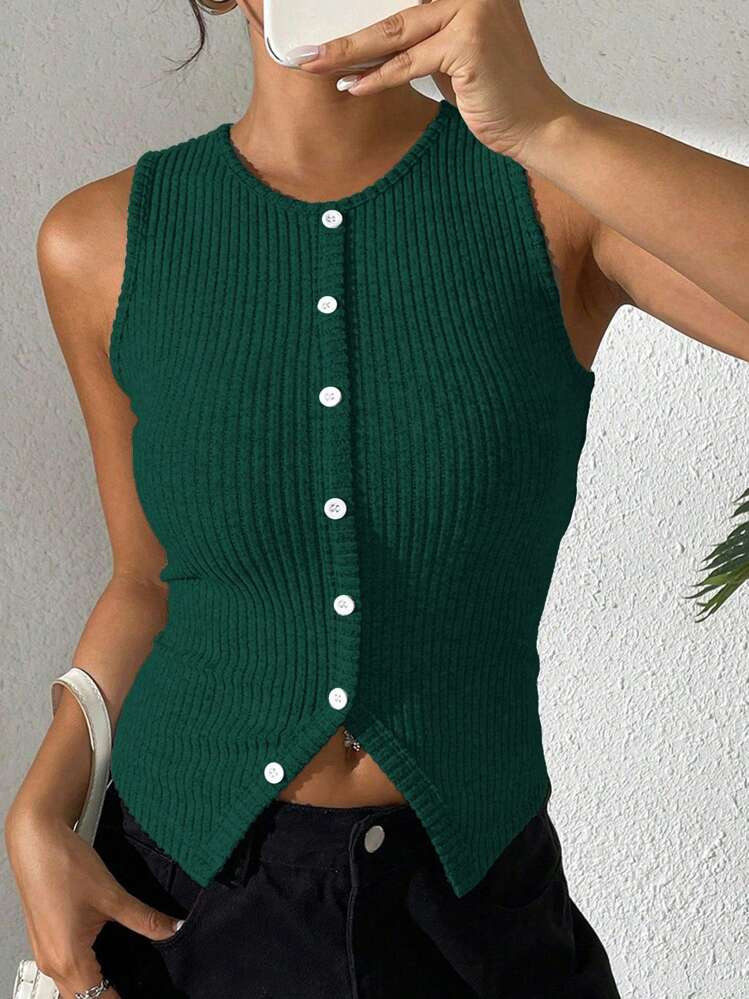 Chiquease Women Casual Ribbed Slim Fit Slit Back Tank Top | SHEIN