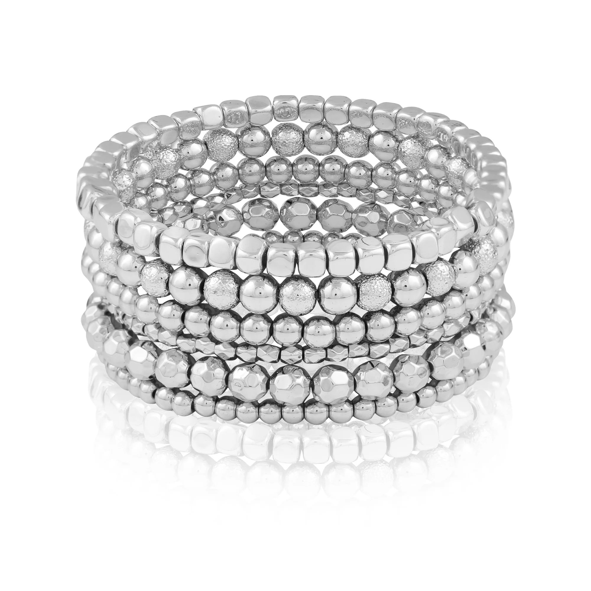 Time and Tru Women's Silver-Tone Beaded Stretch Bracelet Set, 6-Piece | Walmart (US)