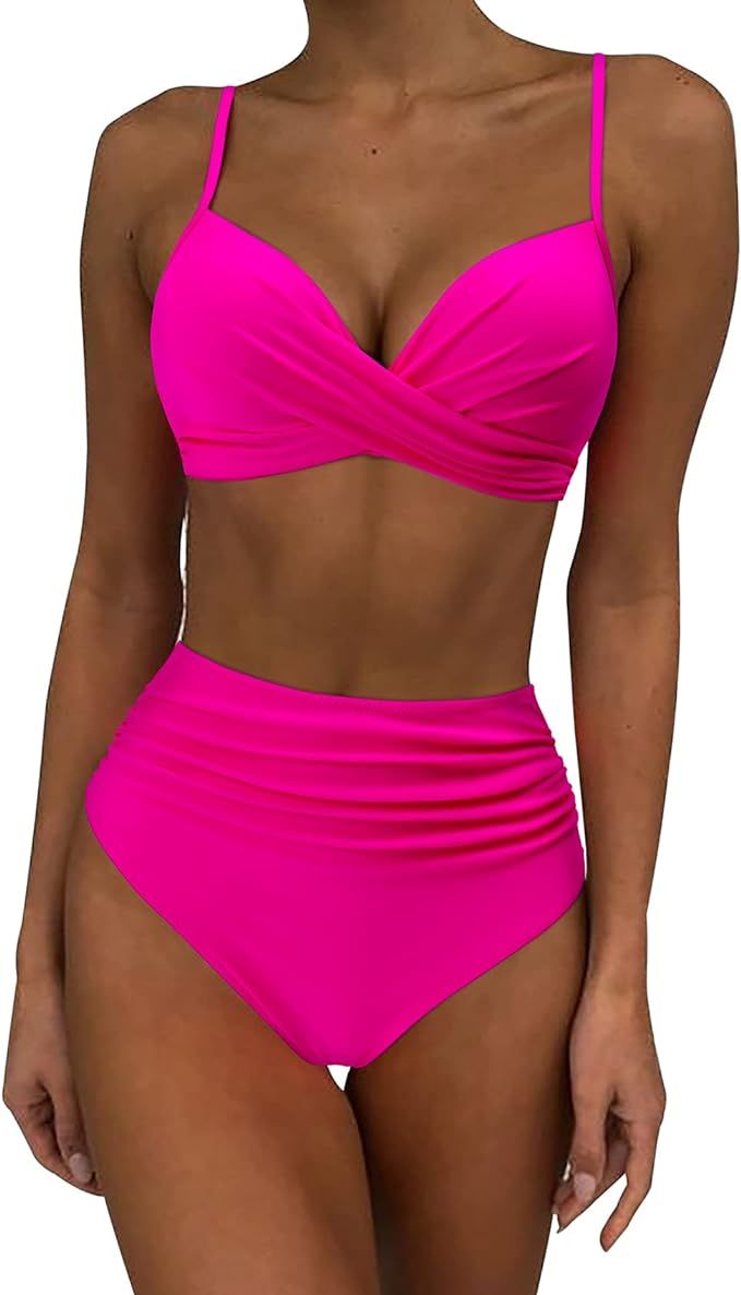 KUNISUIT Women Criss Cross Bikini Set High Waisted Swimsuit Push Up 2 Piece Bathing Suit | Amazon (US)