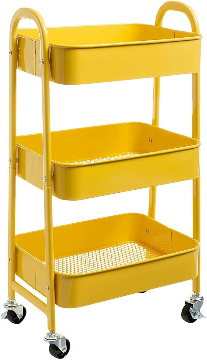 AGTEK Makeup Cart, Movable Rolling Organizer Cart, 3 Tier Metal Utility Cart, Yellow | Amazon (US)