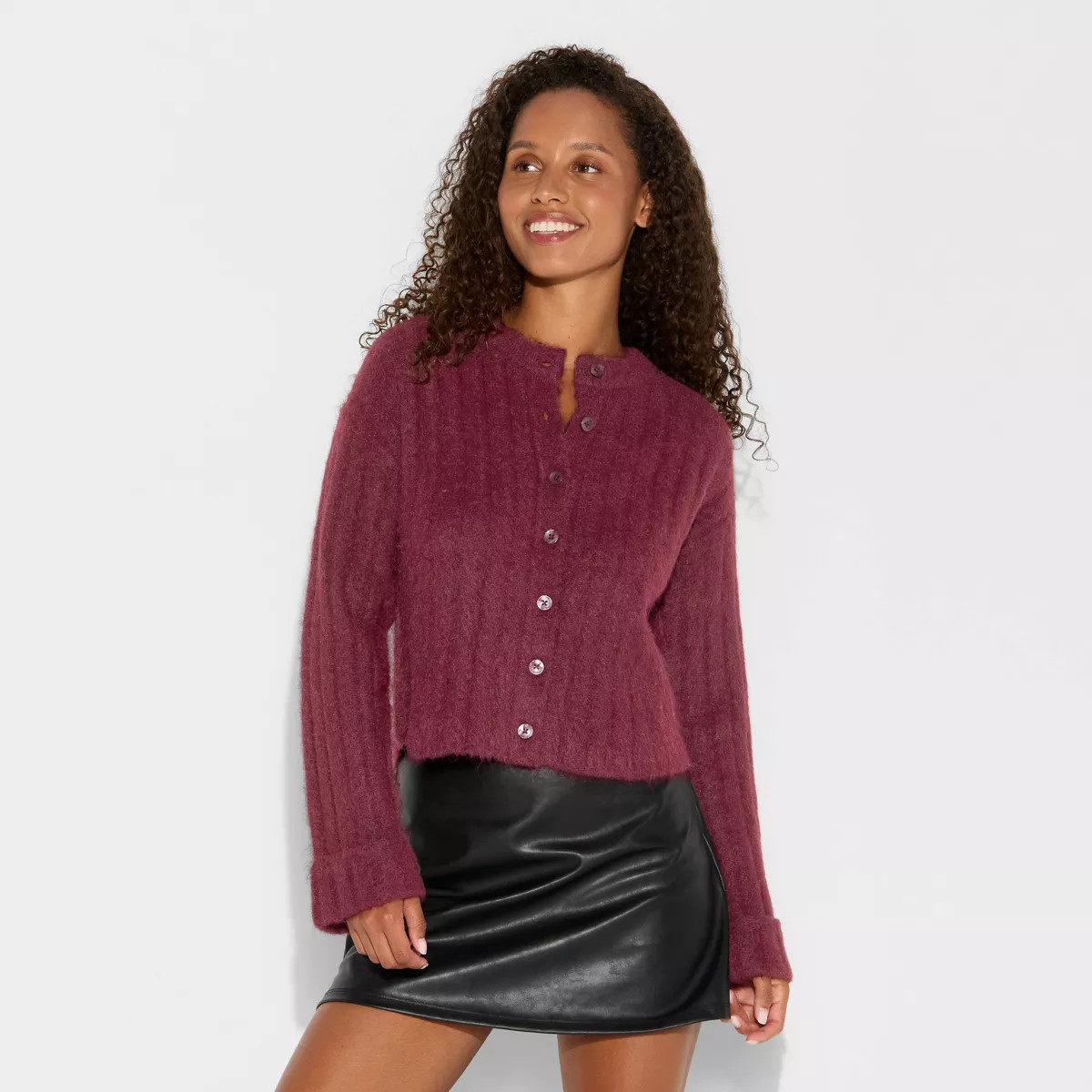 Women's Ribbed Crewneck Cardigan - Wild Fable™ Burgundy XL | Target