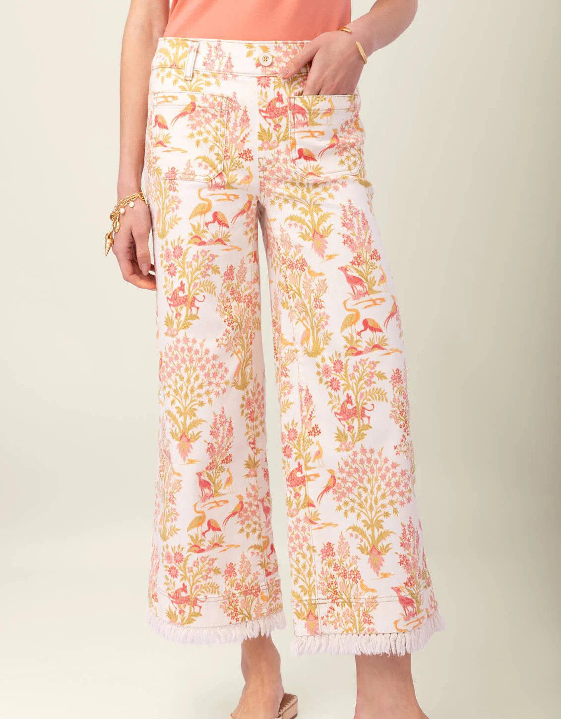 Pritchard Wide Leg Fringe Pull On Jean Castillo Toile Cream | Spartina 449