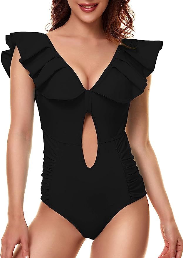 Peddney Women's Flounce One Piece Swimsuit Ruched Tummy Control Bathing Suits Cutout Monokini Swi... | Amazon (US)