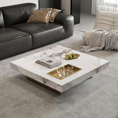 43.3" Square Coffee Table for Living Room - Modern White Sintered Stone Coffee Table with Golden Carbon Steel Base, 150lbs Capacity - for Home, Lounge, Office | Amazon (US)