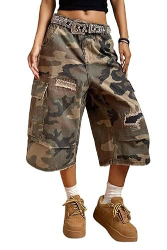 Vakkest Women's Baggy Camo Jeans High Waist Straight Wide Leg Camouflage Cargo Pants Harem Trousers Streetwear | Amazon (US)
