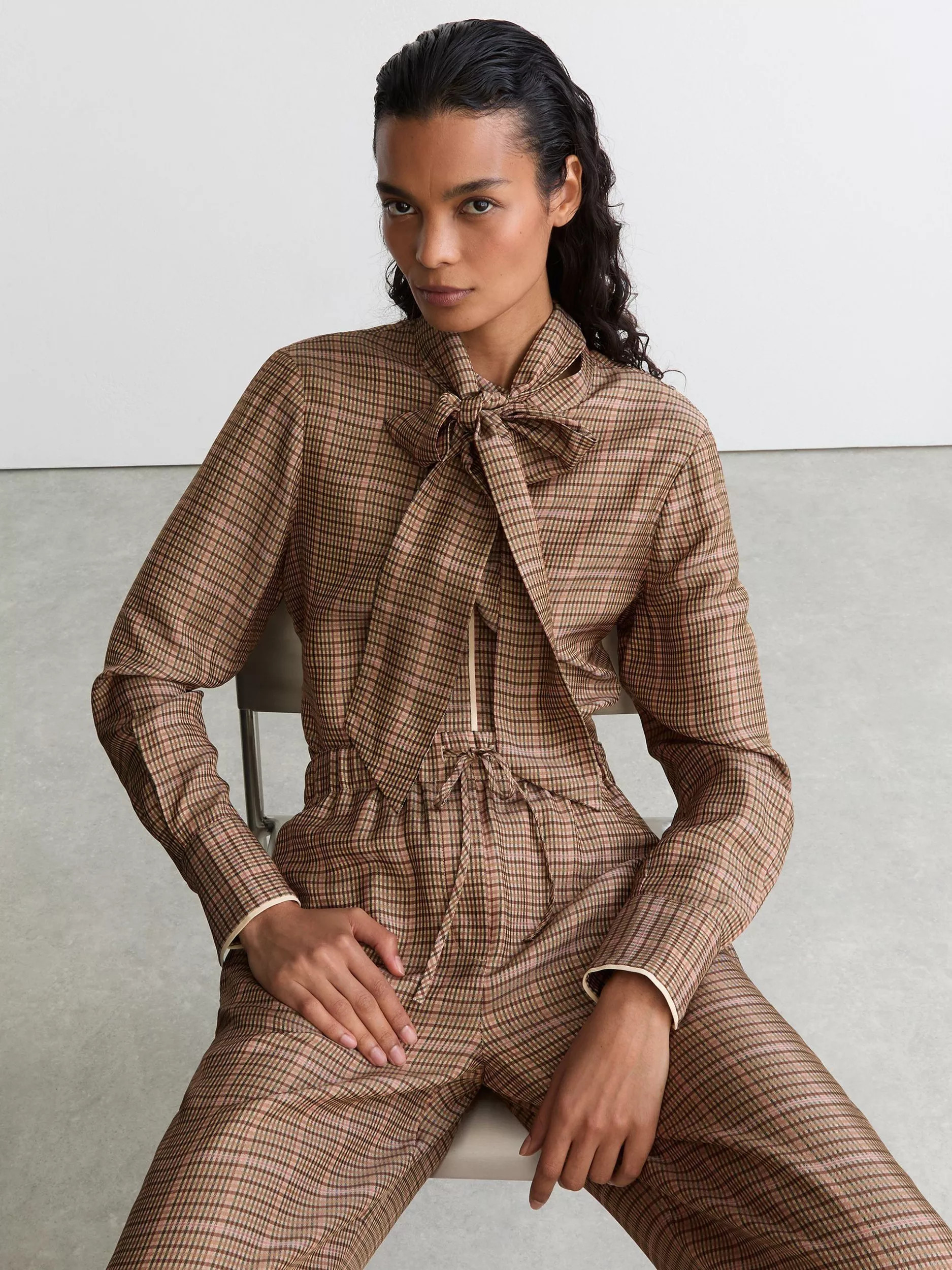 Reiss Minnie Tartan Tie Neck Blouse, Neutral | John Lewis (UK)