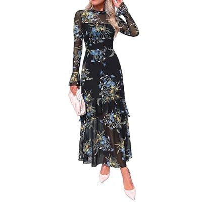 BTFBM Elegant Wedding Guest Dress Long Sleeve Maxi Dresses for Women | Bell Sleeves,Crew… | Amazon (US)